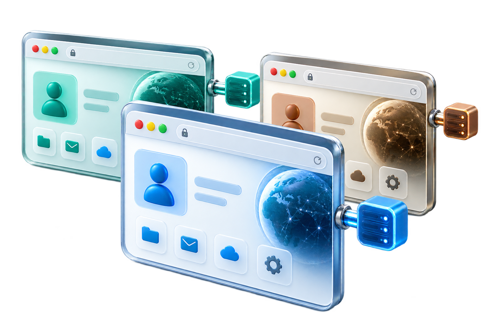 Three distinct browser profiles with separate network settings