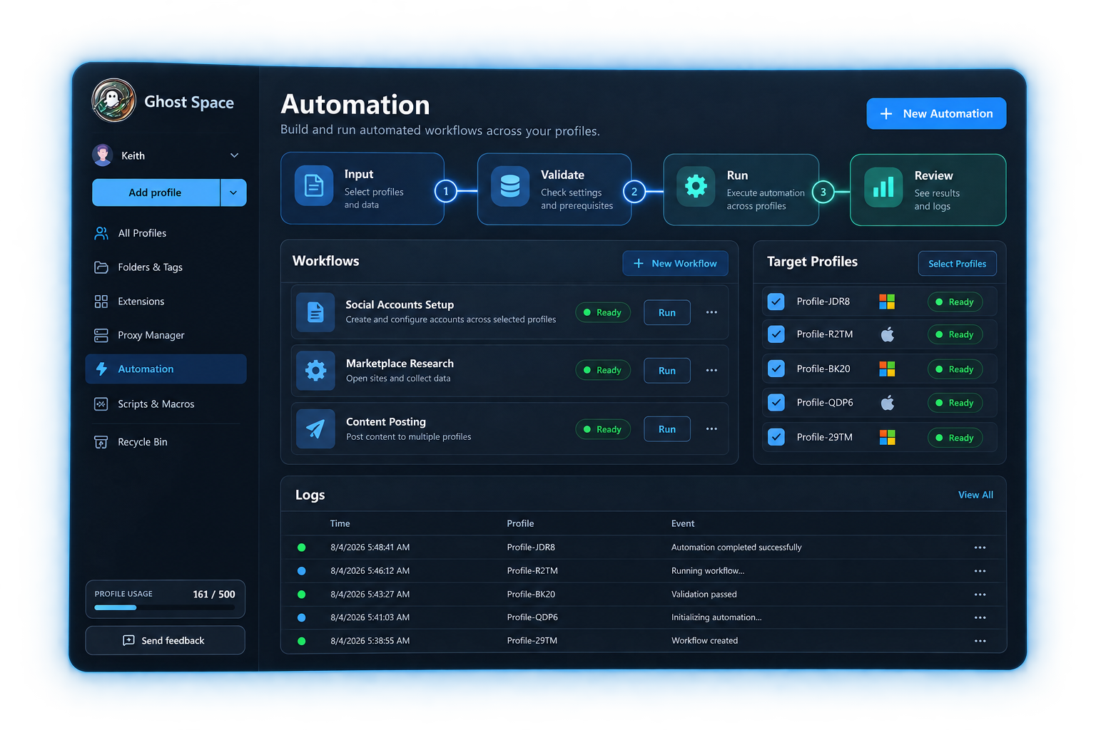 Ghost Space Automation interface with workflows, phone targets, and recent logs